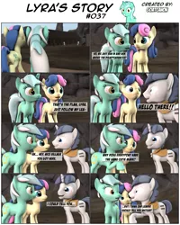 Size: 3927x4915 | Tagged: 3d, artist:goatcanon, bon bon, comic, comic:lyra's story, derpibooru import, dialogue, double diamond, equal cutie mark, equal town, lyra heartstrings, night glider, our town, party favor, safe, source filmmaker, starlight's village, sweetie drops