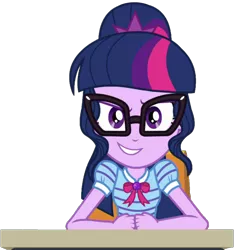 Size: 1892x2010 | Tagged: safe, artist:thebarsection, derpibooru import, sci-twi, twilight sparkle, equestria girls, equestria girls series, >:), >:d, clothes, desk, female, glasses, looking at you, ponytail, simple background, smiling, smirk, solo, transparent background