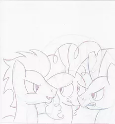 Size: 1700x1835 | Tagged: safe, artist:justanotherponyartblog, derpibooru import, pinkie pie, soarin', thunderlane, earth pony, pegasus, pony, angry, facial expressions, female, grin, just another pony art blog, male, mare, nervous, nervous grin, pencil drawing, smiling, sneak peek, stallion, traditional art