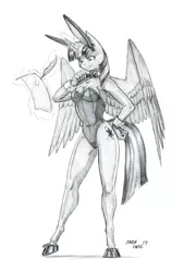 Size: 950x1408 | Tagged: alicorn, anthro, artist:baron engel, bowtie, breasts, bunny ears, bunny suit, clothes, cufflinks, cuffs (clothes), derpibooru import, female, glowing horn, grayscale, horn, leotard, letter, levitation, magic, mare, monochrome, pencil drawing, playboy bunny, quill, safe, simple background, solo, telekinesis, thinking, traditional art, twilight sparkle, twilight sparkle (alicorn), unguligrade anthro, white background