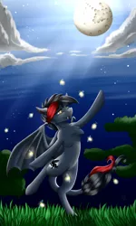 Size: 1024x1707 | Tagged: safe, artist:crecious, derpibooru import, oc, oc:silhouette umbrawing, unofficial characters only, bat pony, firefly (insect), insect, pony, bat pony oc, bat wings, bipedal, fangs, female, full moon, grass, leonine tail, mare, moon, night, wings