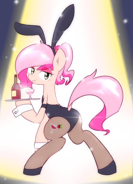 Size: 2157x2984 | Tagged: suggestive, artist:akainu_pony, derpibooru import, oc, oc:cheers, unofficial characters only, pony, alcohol, bottle, bunny ears, bunny suit, butt, clothes, cufflinks, cuffs (clothes), female, fishnets, glass, looking at you, looking back, looking back at you, mare, plot, smiling, solo, solo female, tray, waitress, wine bottle, wine glass