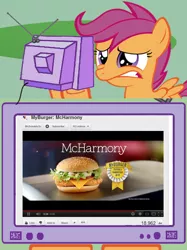 Size: 563x752 | Tagged: safe, derpibooru import, scootaloo, pony, exploitable meme, mcdonald's, meme, obligatory pony, photo, scootaburger, scootachicken, swedish, tv meme