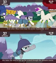 Size: 854x960 | Tagged: safe, derpibooru import, screencap, maud pie, earth pony, pony, cinemare sins, maud pie (episode), determined, female, helmet, leaping, mare, obstacle course, pickelhaube, ponyquin, running, solo