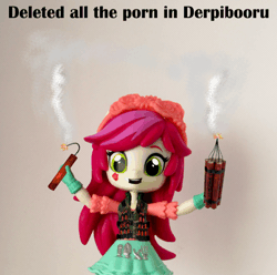 Size: 588x584 | Tagged: safe, artist:whatthehell!?, derpibooru import, edit, roseluck, equestria girls, animated, clothes, doll, dynamite, equestria girls minis, explosives, gauntlet, gif, irl, jacket, parody, photo, pure unfiltered evil, skirt, suicide bomber, toy