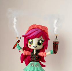 Size: 588x584 | Tagged: safe, artist:whatthehell!?, derpibooru import, edit, roseluck, equestria girls, animated, clothes, doll, dynamite, equestria girls minis, eqventures of the minis, explosives, flower, flower in hair, gauntlet, gif, irl, jacket, photo, skirt, suicide bomber, toy
