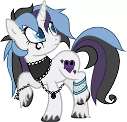 Size: 796x766 | Tagged: safe, artist:angelofthewisp, derpibooru import, oc, oc:sugar skull (angelofthewisp), unofficial characters only, pony, unicorn, choker, female, goth, mare, one hoof raised, raised hoof, simple background, solo, unshorn fetlocks, white background