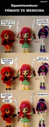 Size: 840x2152 | Tagged: safe, artist:whatthehell!?, derpibooru import, edit, roseluck, sci-twi, sunset shimmer, twilight sparkle, equestria girls, boots, christian sunset shimmer, christianity, clothes, coat, doll, dynamite, equestria girls minis, explosives, glasses, guitar, irl, jacket, musical instrument, parody, pencil, photo, religion, shoes, skirt, spanish, toy
