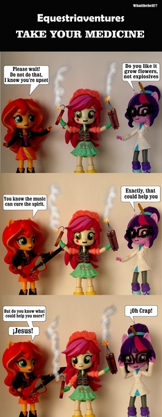 Size: 840x2152 | Tagged: safe, artist:whatthehell!?, derpibooru import, edit, roseluck, sci-twi, sunset shimmer, twilight sparkle, equestria girls, boots, christian sunset shimmer, christianity, clothes, coat, doll, dynamite, equestria girls minis, explosives, glasses, guitar, irl, jacket, musical instrument, parody, pencil, photo, religion, shoes, skirt, toy