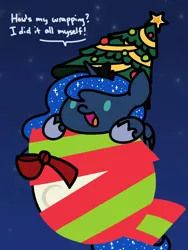 Size: 1350x1800 | Tagged: safe, artist:flutterluv, derpibooru import, princess luna, alicorn, pony, series:flutterluv's full moon, chibi, christmas, christmas tree, female, full moon, holiday, mare, moon, smiling, solo, tangible heavenly object, tree, wrapping, wrapping paper
