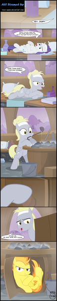 Size: 2438x12730 | Tagged: safe, artist:toxic-mario, derpibooru import, derpy hooves, rarity, spitfire, pony, comic:toxic-mario's derpfire shipwreck, bottle, coal, comic, cute, female, filly, filly derpy, filly rarity, filly spitfire, headband, lying down, pillow, spitfiery, spitfire's hair is fire, spoon, steam, steam room, towel, younger