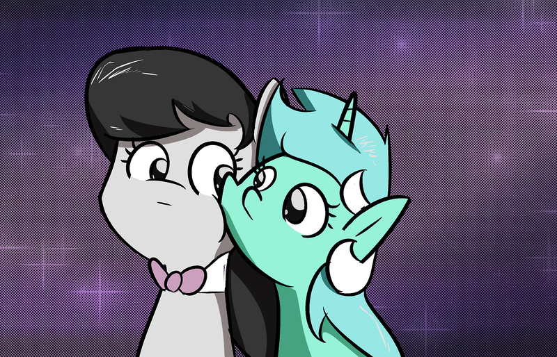 Size: 1280x822 | Tagged: safe, artist:davierocket, derpibooru import, lyra heartstrings, octavia melody, earth pony, pony, unicorn, :|, abstract background, bust, cute, eye contact, female, lesbian, looking at each other, mare, octyra, personal space invasion, shipping, squishy cheeks, wide eyes
