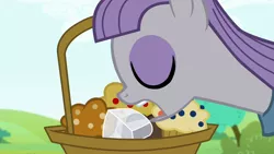 Size: 1280x720 | Tagged: safe, derpibooru import, screencap, maud pie, earth pony, pony, maud pie (episode), basket, eyes closed, female, food, mare, muffin, open mouth, picnic basket, rock, solo