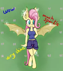 Size: 1076x1210 | Tagged: safe, artist:heir-of-rick, derpibooru import, fluttershy, anthro, bat pony, unguligrade anthro, bats!, abstract background, bat ponified, bat wings, big ears, clothes, crossed legs, cute, doge, ear fluff, flutterbat, hooves, impossibly large ears, looking at you, meme, midriff, race swap, shorts, shyabates, shyabetes, solo, sparkles, spread wings, tanktop, wings