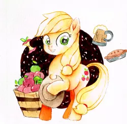 Size: 1600x1564 | Tagged: safe, artist:mashiromiku, derpibooru import, applejack, pony, apple, applejack's hat, cider, cowboy hat, female, food, hat, looking at you, mare, pie, simple background, smiling, solo, traditional art, watercolor painting, white background