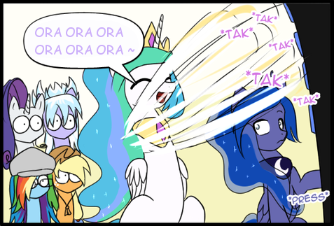 Size: 477x323 | Tagged: applejack, artist:reikomuffin, cloudchaser, cute, cutelestia, derpibooru import, jojo's bizarre adventure, oraoraoraoraoraoraoraoraora, princess celestia, princess luna, rainbow dash, rarity, safe