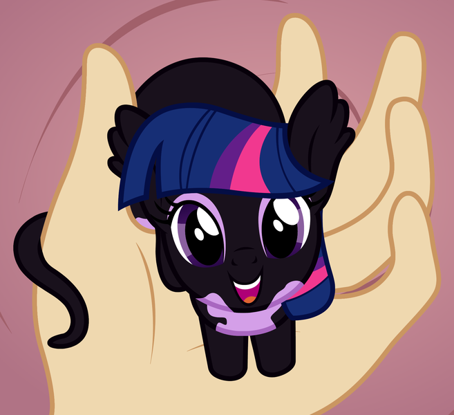 Size: 1782x1628 | Tagged: safe, artist:badumsquish, derpibooru import, part of a set, twilight sparkle, alp-luachra, original species, pony, alp-luachrified, badumsquish's kitties, cute, female, grin, hand, happy, holding a pony, in goliath's palm, looking at you, looking up, open mouth, pickle rick, sitting, size difference, smiling, solo, species swap, twiabetes, twiluachra