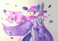 Size: 2560x1792 | Tagged: safe, artist:rinioshi, derpibooru import, oc, unofficial characters only, earth pony, pony, bipedal, clothes, ear fluff, female, flower, flower in hair, kimono (clothing), mare, simple background, solo, white background