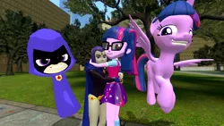 Size: 1366x768 | Tagged: 3d, alicorn, artist:migueruchan, crossover, derpibooru import, gmod, raven (teen titans), safe, sci-twi, tara strong, teen titans, teen titans go, twilight sparkle, twilight sparkle (alicorn), twolight, voice actor joke