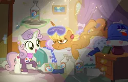Size: 1036x666 | Tagged: safe, artist:pixelkitties, derpibooru import, ms. harshwhinny, sweetie belle, earth pony, pony, unicorn, alcohol, bagpipes o'toole, bed, female, filly, food, hangover, magic, mare, open mouth, s'mores, scotch, sleep mask, vodka, votehorse, whiskey