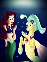 Size: 1946x2560 | Tagged: ariel, artist:princessrosemcmitten, bubble, clam, crossover, derpibooru import, disney, my little pony: the movie, princess skystar, safe, seapony (g4), smiling, the little mermaid