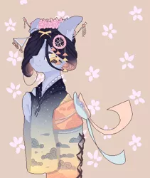 Size: 380x450 | Tagged: safe, artist:rinioshi, derpibooru import, oc, unofficial characters only, earth pony, pony, clothes, ear fluff, female, hair accessory, hair over one eye, kimono (clothing), mare, solo