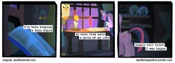 Size: 720x261 | Tagged: safe, artist:asofterequestria, derpibooru import, edit, edited screencap, screencap, owlowiscious, twilight sparkle, bird, owl, pony, unicorn, comic:a softer equestria, owl's well that ends well, a softer world, candle, comic, duo, female, male, mare, sad, screencap comic, unicorn twilight, writing