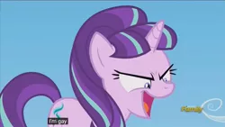 Size: 1200x675 | Tagged: safe, derpibooru import, edit, edited screencap, screencap, starlight glimmer, pony, unicorn, the cutie re-mark, caption, discovery family logo, faic, female, glare, i'm gay, lesbian, mare, meme, open mouth, s5 starlight, sky, smiling, smirk, solo, text, wat, wide eyes, youtube caption