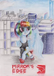 Size: 747x1049 | Tagged: safe, artist:rinioshi, derpibooru import, rainbow dash, pegasus, pony, city, clothes, crossover, faith connors, female, mare, mirror's edge, rooftop, solo, traditional art