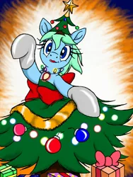 Size: 960x1280 | Tagged: artist:dashingjack, christmas, christmas tree, clothes, costume, crossdressing, derpibooru import, hearth's warming, holiday, oc, oc:brainstorm, safe, tinsel, tree, tree costume, unofficial characters only