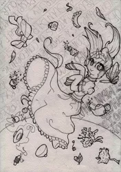 Size: 850x1209 | Tagged: safe, artist:rinioshi, derpibooru import, oc, unofficial characters only, pony, unicorn, :>, clothes, dress, falling, female, mare, monochrome, sketch, traditional art