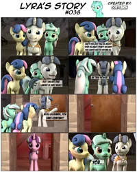 Size: 3928x4916 | Tagged: 3d, artist:goatcanon, bon bon, comic, comic:lyra's story, derpibooru import, dialogue, equal town, lyra heartstrings, our town, party favor, safe, source filmmaker, starlight glimmer, starlight's village, sweetie drops