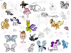 Size: 2000x1500 | Tagged: safe, artist:tuppkam1, derpibooru import, applejack, pinkie pie, princess cadance, princess luna, soarin', starlight glimmer, thorax, trixie, oc, oc:synthesia, ponified, changedling, changeling, eevee, pony, angry, claw, corn, food, king thorax, magic, pokémon, prehensile mane, sketch, sketch dump