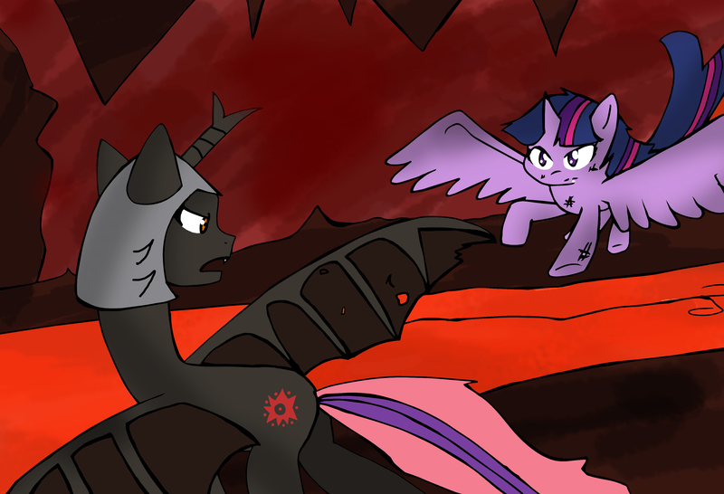 Size: 3480x2374 | Tagged: alicorn, artist:helsaabi, derpibooru import, fight, lava, oc, oc:fallenlight, safe, twilight sparkle, twilight sparkle (alicorn)