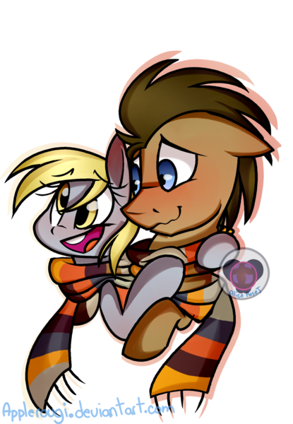 Size: 1024x1482 | Tagged: artist:applerougi, bust, clothes, derpibooru import, derpy hooves, doctorderpy, doctor whooves, female, fourth doctor's scarf, male, open mouth, safe, scarf, shared clothing, shipping, simple background, smiling, straight, time turner, transparent background, watermark