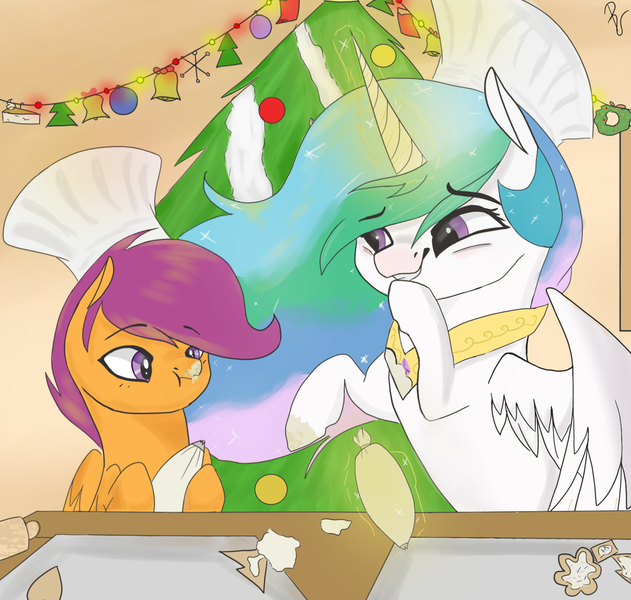 Size: 1280x1217 | Tagged: artist:poowndraww, boop, chef's hat, christmas, christmas lights, christmas tree, cookie, cute, cutealoo, cutelestia, derpibooru import, food, frosting, hat, holiday, messy, momlestia, princess celestia, requested art, safe, scootaloo, scootalove, scrunchy face, tree