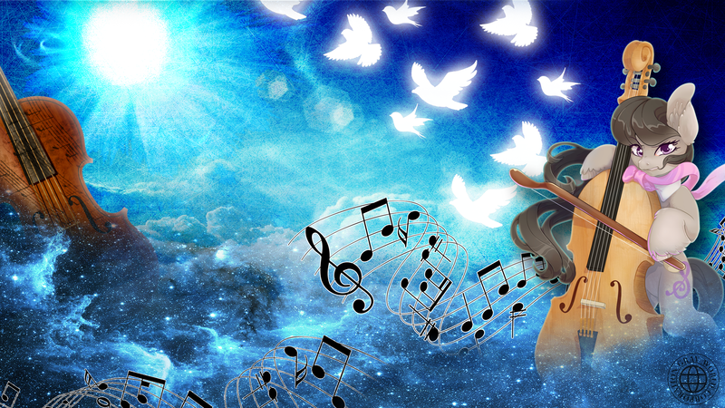 Size: 1920x1080 | Tagged: safe, artist:grayworldcorporation, artist:pyoo-kee-pony, derpibooru import, edit, octavia melody, bird, pony, bipedal, bow (instrument), cello, cello bow, ear fluff, female, light, looking at you, mare, music notes, musical instrument, solo, wallpaper, wallpaper edit