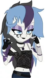 Size: 983x1641 | Tagged: safe, artist:angelofthewisp, derpibooru import, oc, oc:sugar skull (angelofthewisp), unofficial characters only, equestria girls, belly button, clothes, fingerless gloves, fishnets, gloves, goth, midriff, shirt, short shirt, simple background, solo, white background