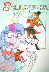 Size: 2402x3488 | Tagged: safe, artist:erenerakhard, derpibooru import, sunset shimmer, twilight sparkle, equestria girls, i write sins not tragedies, panic! at the disco, ringleader, spilled drink