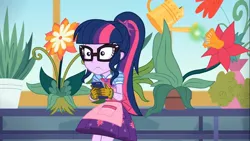 Size: 1366x768 | Tagged: safe, derpibooru import, screencap, sci-twi, twilight sparkle, equestria girls, equestria girls series, my little shop of horrors, apron, celestia's house, clothes, glasses, gloves, phone, plant, potted plant, scared, watering can