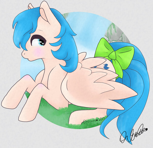 Size: 1024x990 | Tagged: safe, artist:dreamcreationsink, derpibooru import, sprinkles (g1), pegasus, pony, bow, female, g1, mare, prone, solo, tail bow