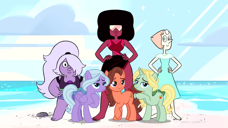 Size: 1920x1080 | Tagged: safe, artist:3d4d, derpibooru import, dear darling, fond feather, swoon song, earth pony, pegasus, pony, unicorn, hard to say anything, amethyst (steven universe), barefoot, beach, bimbettes, bow, clothes, feet, female, garnet (steven universe), grin, hair bow, hair over one eye, hand on hip, lidded eyes, looking at you, mare, pearl (steven universe), raised hoof, smiling, smirk, steven universe, swimsuit, tail bow