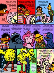 Size: 569x771 | Tagged: artist:hirake! pony key, bert, big bird, cobblestone street, comic, cookie monster, crossover, derpibooru import, ernie, fluttershy, grover, louder, my little pony meets sesame street, pinkie pie, safe, sesame street