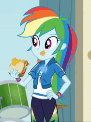 Size: 313x417 | Tagged: safe, derpibooru import, screencap, rainbow dash, equestria girls, equestria girls series, overpowered (equestria girls), animated, chewing, cropped, eating, food, messy eating, mustard, sandwich, sauce, solo