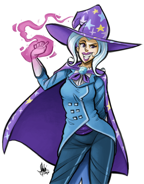 Size: 700x889 | Tagged: artist:theartrix, blue hair, cape, clothes, coat, derpibooru import, female, gloves, grin, hat, hate, human, humanized, magic, pants, safe, smiling, solo, trixie, trixie's cape, trixie's hat