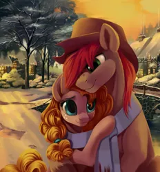 Size: 2008x2160 | Tagged: safe, artist:taneysha, derpibooru import, bright mac, pear butter, earth pony, pony, the perfect pear, applejack's parents, bridge, chimney, clothes, cloud, cowboy hat, female, freckles, hair tie, hat, high res, hug, male, mare, mother and father, scarf, shared clothing, shared scarf, sky, smiling, smoke, snow, stallion, tree, water, winter
