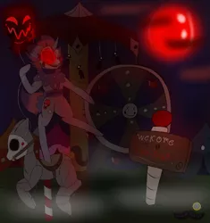 Size: 1024x1091 | Tagged: semi-grimdark, artist:madamebutler, derpibooru import, oc, unofficial characters only, pony, balloon, bipedal, blood moon, clown, creepy, ferris wheel, glowing eyes, hanging, hanging (by neck), looking at you, moon, sharp teeth, signature, solo, teeth