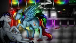 Size: 1600x900 | Tagged: semi-grimdark, artist:imperiaaa, artist:nekoolevi, derpibooru import, rainbow dash, soarin', pegasus, pony, fanfic:rainbow factory, blood, creepy, creepy smile, cutie mark, factory, fanfic art, female, floppy ears, liquid rainbow, male, mare, menacing, rainbow factory dash, raised hoof, shipping, sidemouth, smiling, soarindash, spectra, speedpaint available, spread wings, stallion, straight, wings