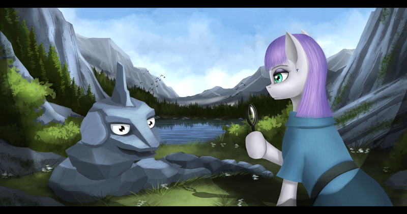 Size: 3920x2065 | Tagged: safe, artist:dezdark, derpibooru import, maud pie, earth pony, onix, pony, clothes, crossover, female, mare, pokémon, scenery