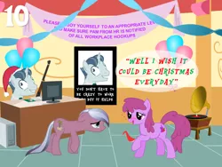 Size: 1024x768 | Tagged: safe, artist:bronybyexception, derpibooru import, berry punch, berryshine, elbow grease, paradise (crystal pony), party favor, crystal pony, pony, advent calendar, balloon, caption, computer, computer mouse, drunk, exploitable meme, female, go home you're drunk, gun, i didn't listen, image macro, keyboard, male, mare, meme, office party, phonograph, shotgun, stallion, sugarcube corner, text, the office, this will end in tears, weapon